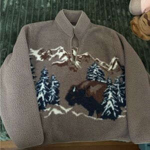Old Navy Sherpa Zip Pullover with Mountain & Bison Motif